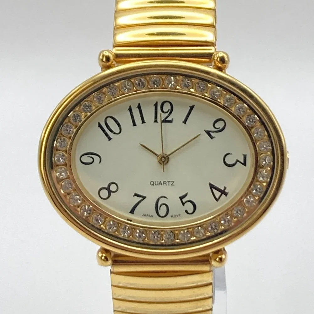 Women's Easy Reader Watch Gold Tone Crystals 43mm Wide Stretch Band New Battery